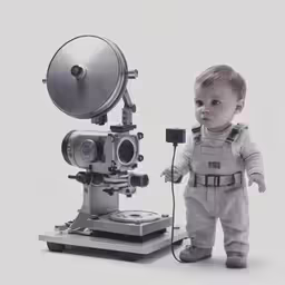 a baby is standing next to a telescope