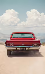 the back end of an old, red car in the desert