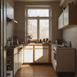a kitchen that has wooden floors and an open window