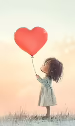 the child is flying a heart shaped balloon in the field