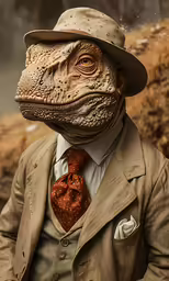 a person is wearing a lizard mask and tie