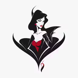 a stylized disney character with a black caper,a women wearing an elegant dress and devil horns