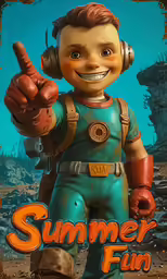 a poster advertising a game featuring a young boy with headphones and a hand - gun in front of him