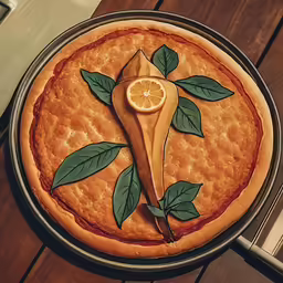 a pie with a lemon slice and green leaves painted on it