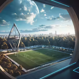 a futuristic looking stadium overlooking the city