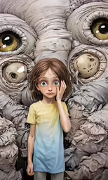 a child stands in front of an image of many different looking eyes