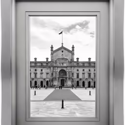a picture of a large building with flags