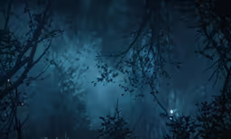 a dark forest with green leaves under the night sky