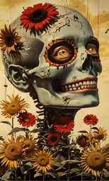 there is a painting of a human face with sunflowers