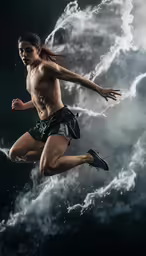 an artistic image of a man shirtless, running on a cloud background