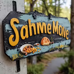a sign for a movie with food hanging on it