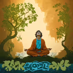 a man is doing yoga on the grass in front of some trees,a person is sitting down and practicing yoga