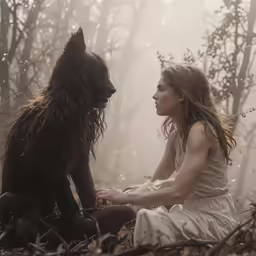 a girl is sitting in the forest holding onto a dog