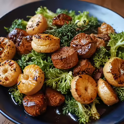 a plate full of roasted seared potatoes, sprouts and seaweed