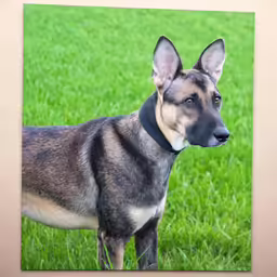 a small gray and brown dog standing in the grass