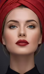 a woman in red wearing a turban and lipstick