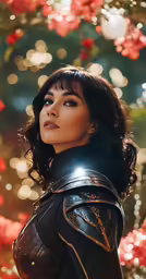 a woman dressed in armor is standing next to flowers