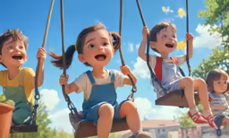 three children swinging on swings with sky background