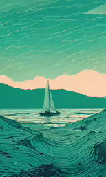 a drawing of a sail boat on a body of water,an illustration of a sailboat sailing on the ocean under a cloudy blue sky
