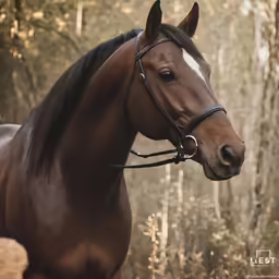 a brown horse with white stripes standing in a wooded area