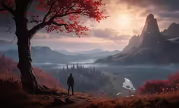 a man standing next to a tree in the sunset