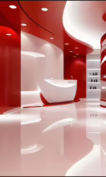 a modern bathroom with red walls and white bath tub