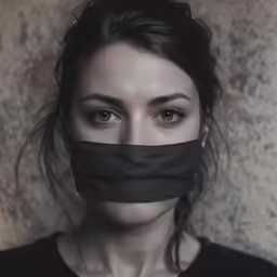 a young woman with black fabric wrapped around her mouth