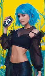 a girl with blue hair and black pants is posing for the camera