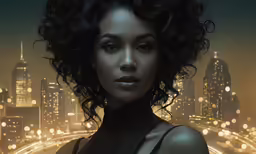 a black female in a city with lights on and city lights