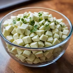 a glass bowl filled with sliced cubed potatoes on top of a table