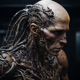 the alien humanoid costume is decorated with spikes and long hair