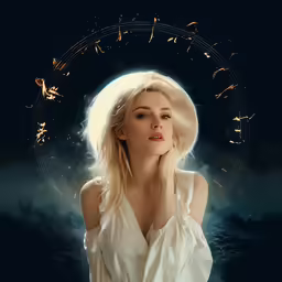 a woman wearing white with stars around her neck