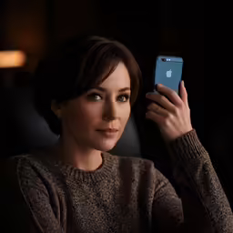 a woman sitting in a chair holding an iphone