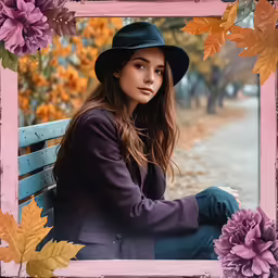 a woman in a black hat sitting on a bench with flowers in front of her
