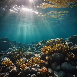 sunlight is shining over an ocean with rocks and algae
