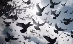 a flock of pigeons flying in the sky