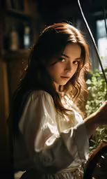 the woman in white shirt is holding her plant
