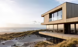 the beach house is on a hill overlooking the water