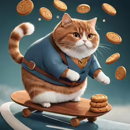 a cat in a sweater and skirt rides on a wooden skateboard with cookies falling from the sky