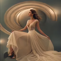 a beautiful young woman in a white dress standing next to an abstract background