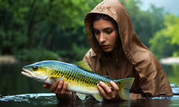 woman in hood looking down at fish,there is a woman fishing on the water