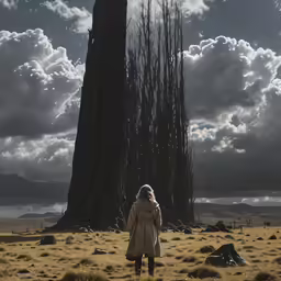 a woman stands in a field next to tall trees