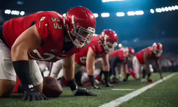 several football players stand with their knees down on a field
