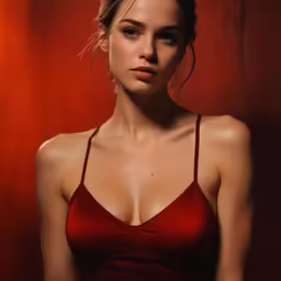 a girl in red is posing for the camera