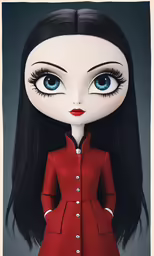 a doll is dressed in red and black