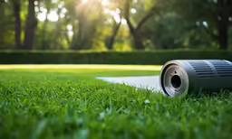 a trash can laying on the ground in the grass