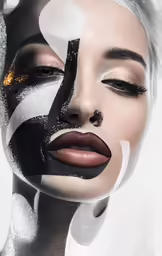 a woman with her face painted in various colors and shapes