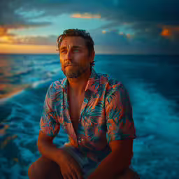 a man sitting in front of an ocean during the day,the man is posing for the camera while on the boat