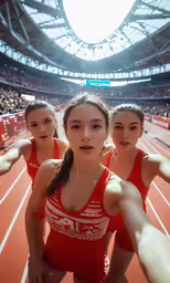 the three girls are doing exercises on a track