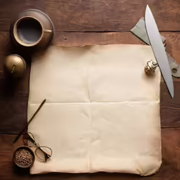 a piece of parchment paper on a wooden table with some other things